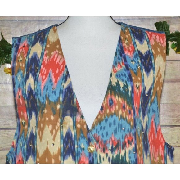 Vintage Denim Southwest Print Vest Rhinestone Accents USA Made Ladies L Western - Picture 2 of 10